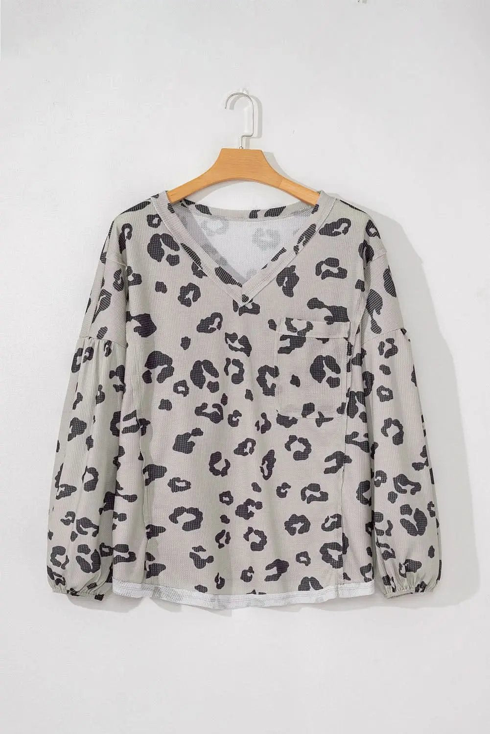 Gray Printed Leopard Balloon Sleeve Thermal Knit Plus Size Top - Love Salve